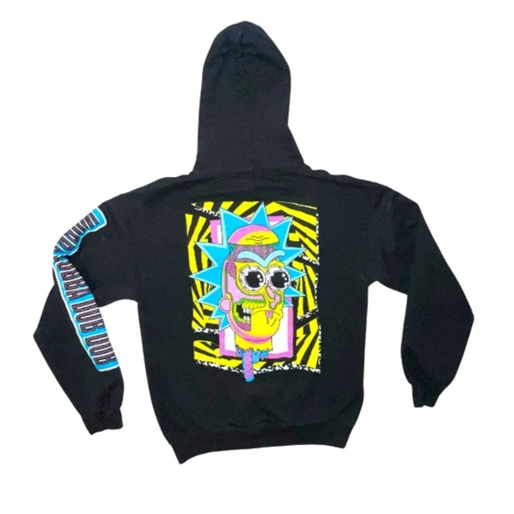 Rick And Morty Graphic Hooded Sweatshirt Black With Writing On Sleeve Size Small